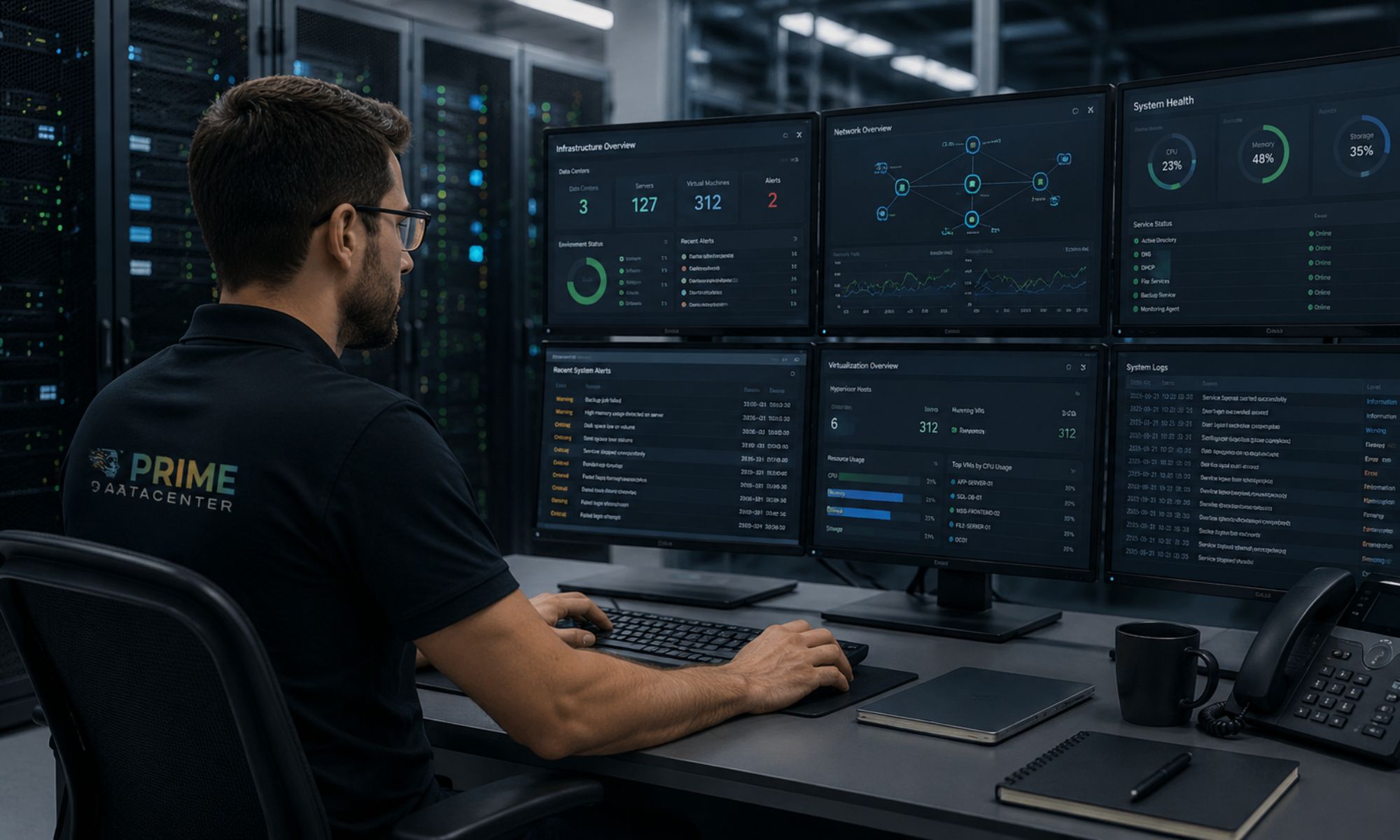 PRIME DataCenter monitoring workstation with live infrastructure dashboards