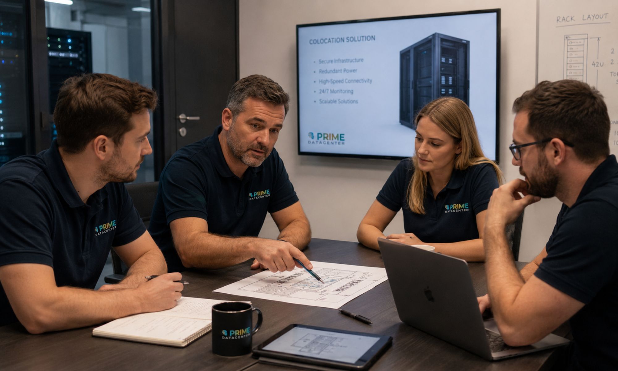 PRIME DataCenter team discusses data center and hosting requirements at a conference table