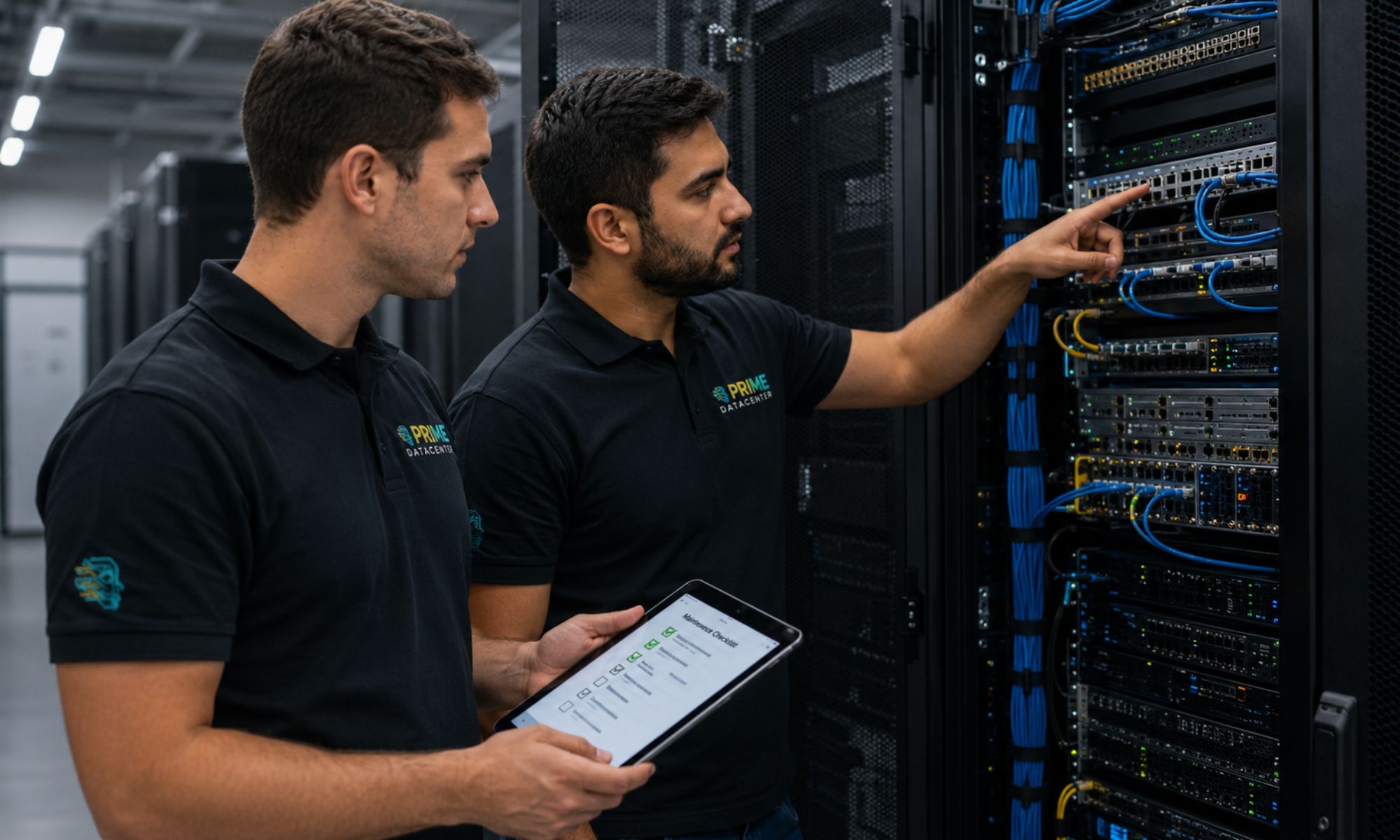 PRIME DataCenter technicians inspect server and network cabling in a rack