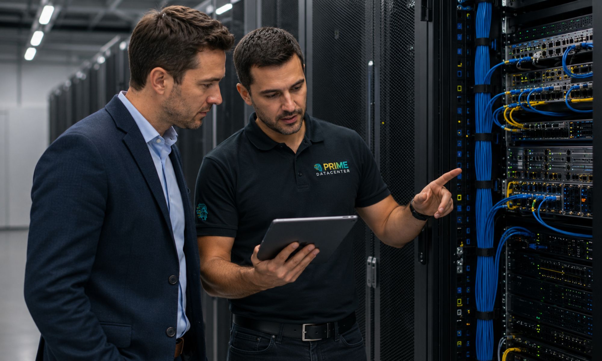 PRIME DataCenter employee explains rack infrastructure to a customer in the data center