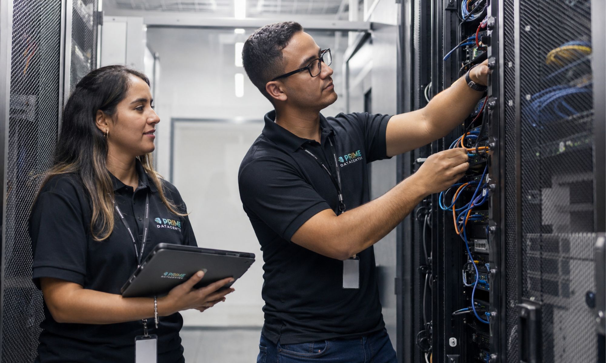 Des collaborateurs PRIME DataCenter travaillent ensemble sur des racks et composants réseau