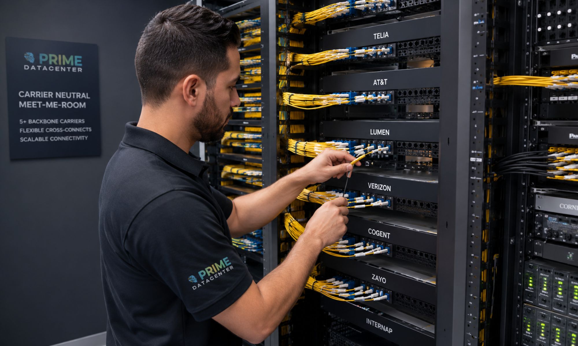 PRIME DataCenter Techniker patcht Glasfaserverbindungen im carrier-neutralen Meet-Me-Room