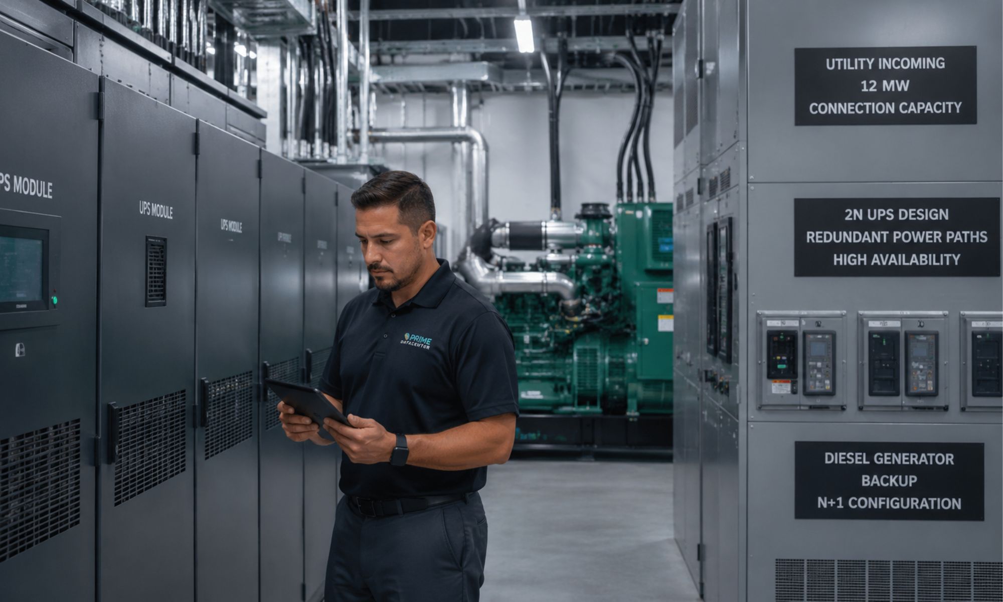 PRIME DataCenter Techniker prueft USV-Module und Stromversorgung im Technikbereich