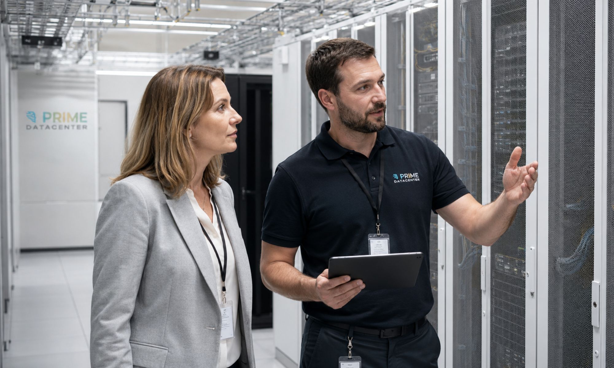PRIME DataCenter Engineer zeigt einer Kundin die Rack- und White-Space-Bereiche im Rechenzentrum Erkelenz