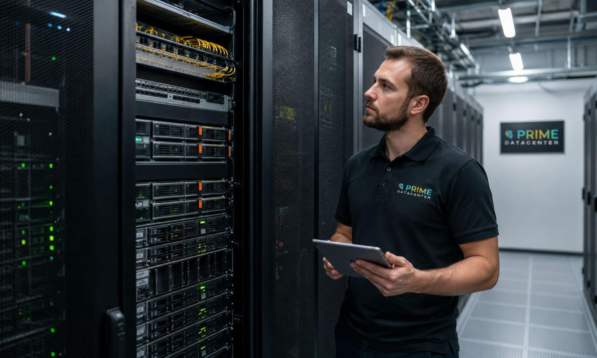 PRIME DataCenter Techniker prueft dedizierte Server und Netzwerkkomponenten im Rack