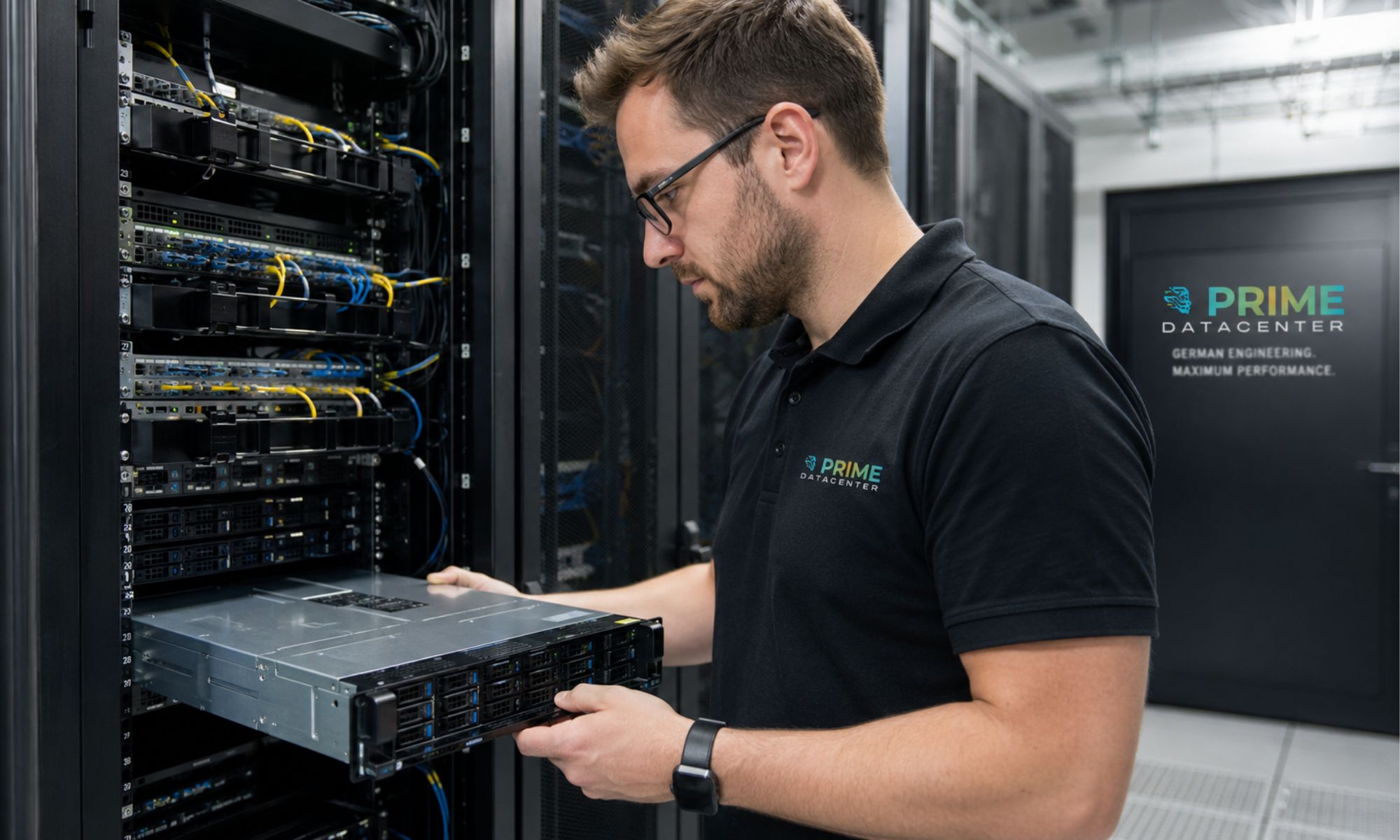 PRIME DataCenter Techniker installiert einen dedizierten Server im Rack