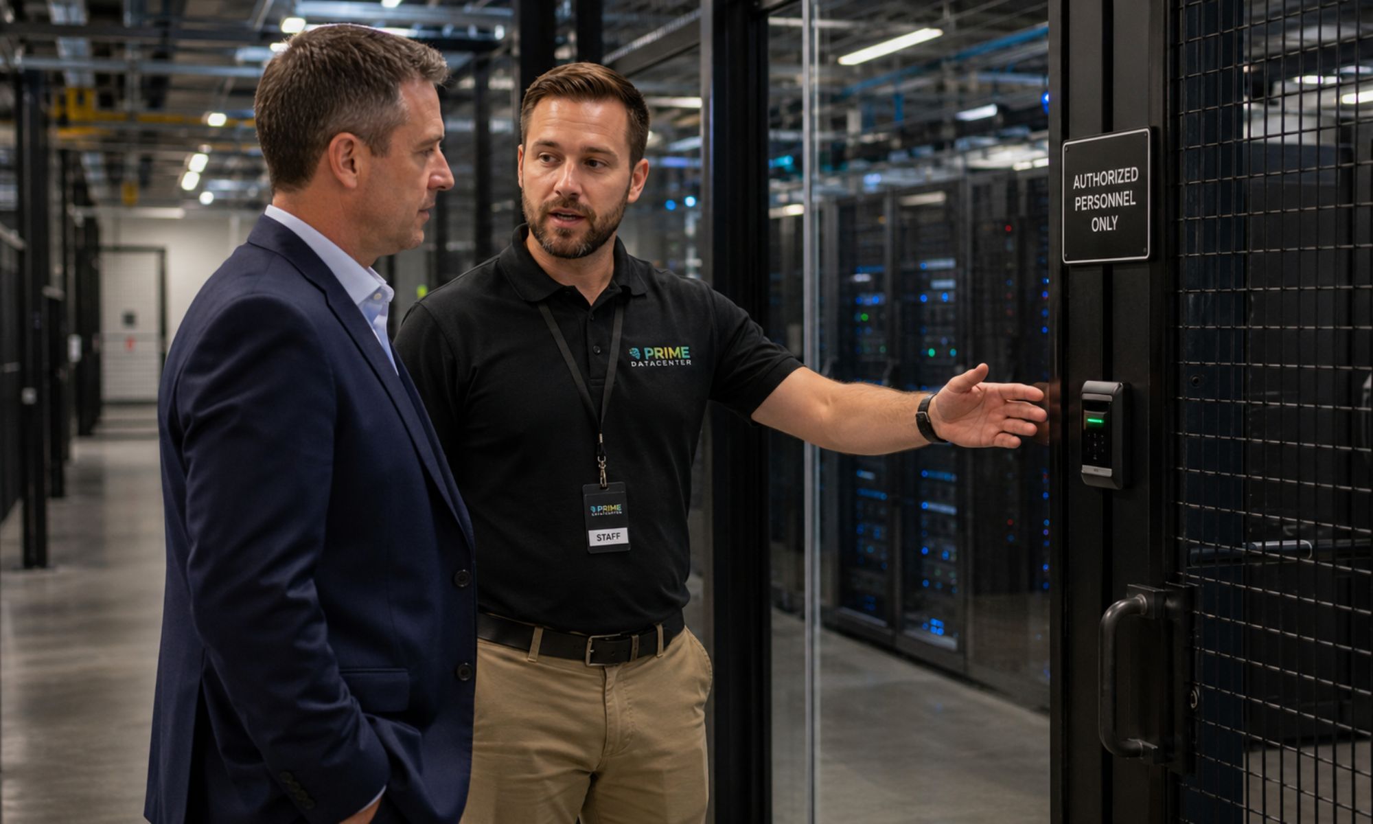 PRIME DataCenter employee explains controlled access to a separated security area to a customer