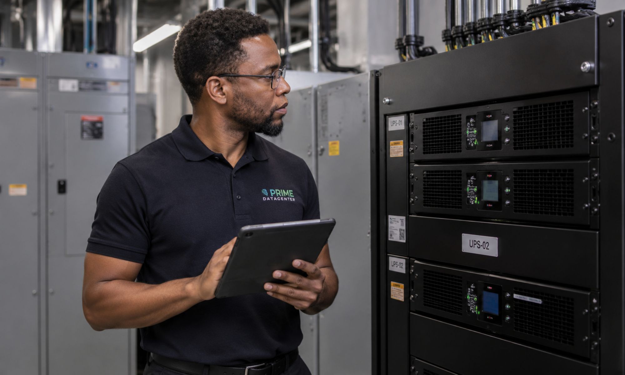 PRIME DataCenter technician checks UPS systems and power infrastructure in the technical area