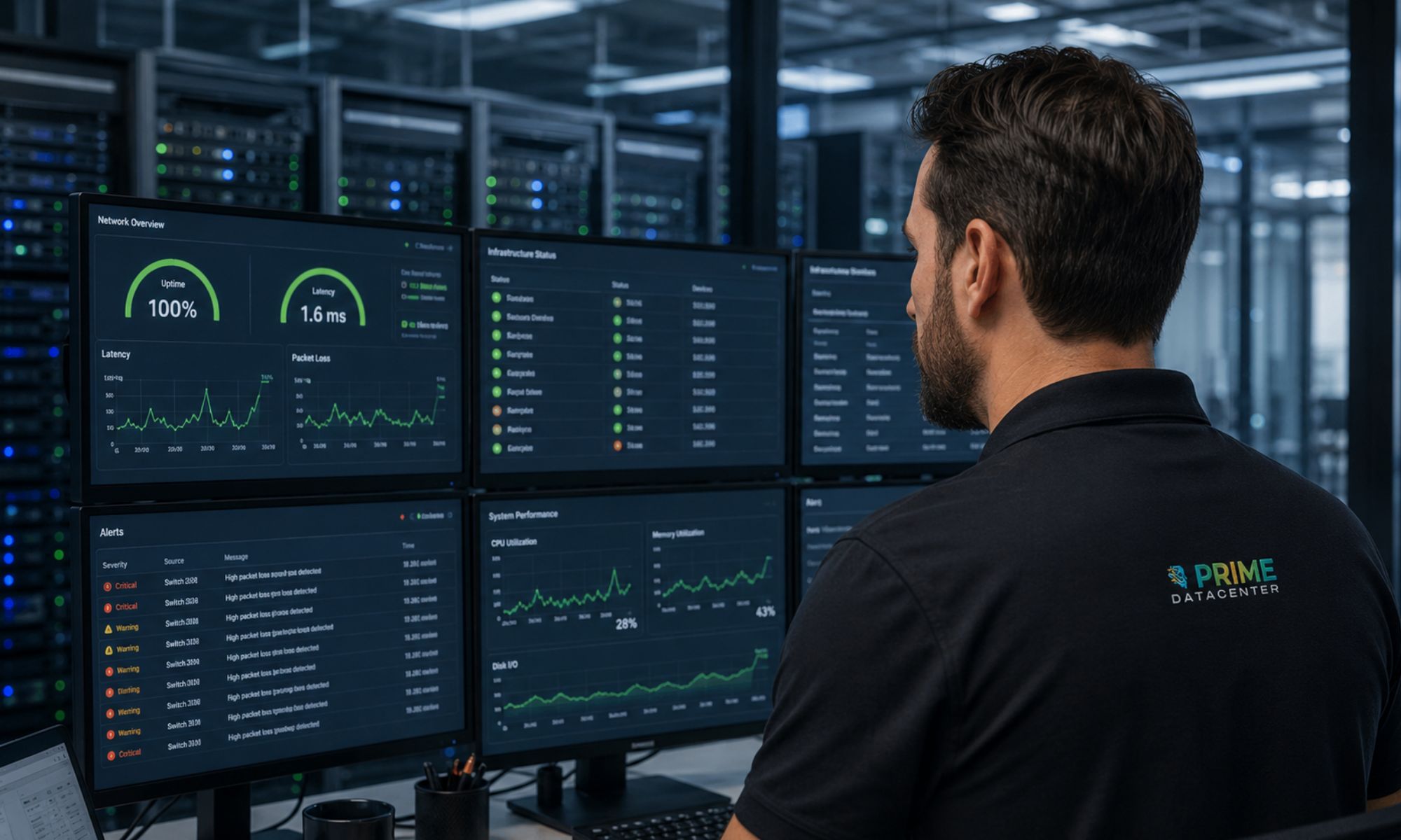 PRIME DataCenter employee monitors network status, latency and infrastructure values