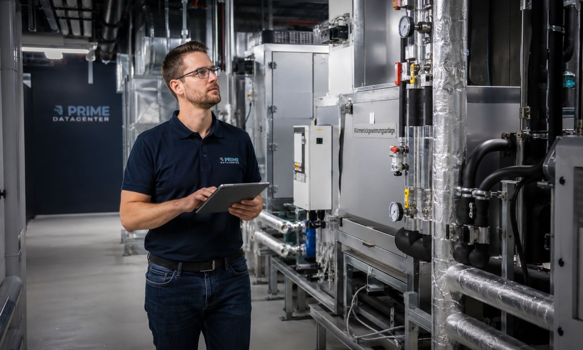 PRIME DataCenter employee checks technical systems for cooling and heat recovery